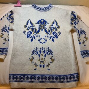 Women's Cream Cowlneck Sweater with Blue & Gold Motif